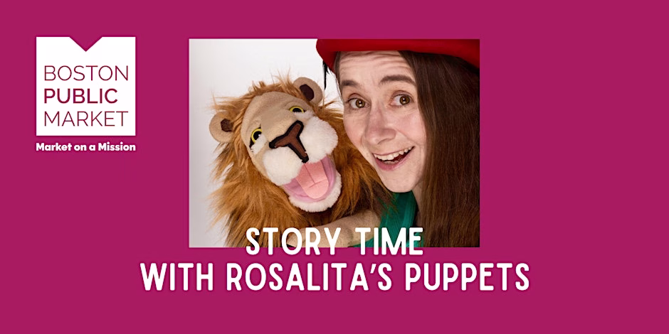 Rosalita smiling while holding her lion puppet with a title under their picture with a maroon background along with the BPM logo in the top left corner